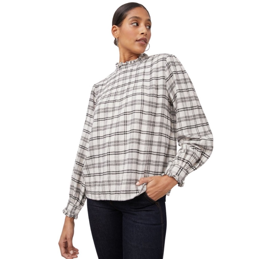 Rails Ariana Ivory Onyx Plaid Ruffle Neck Top